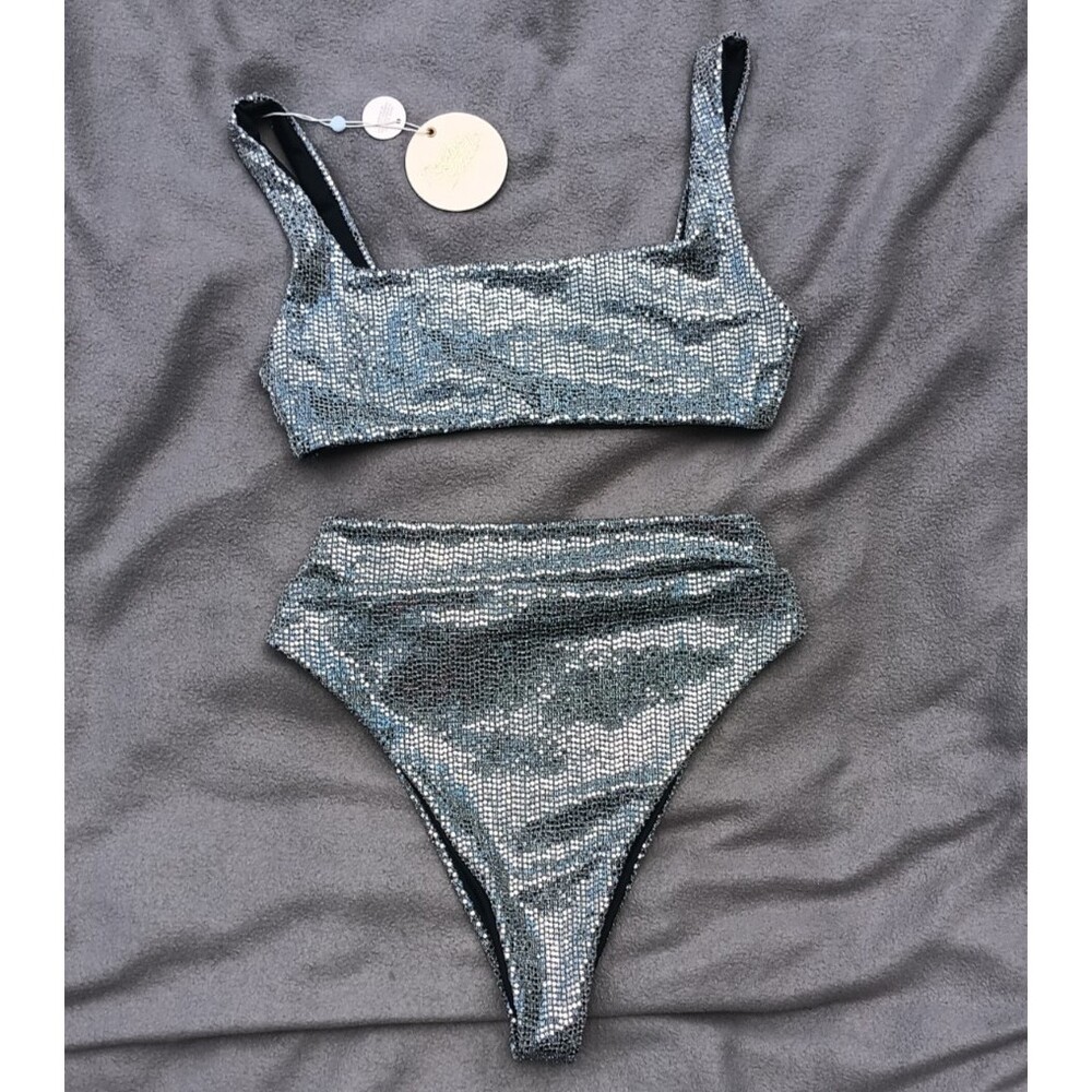 NWT Nookie Beach Carnivale Silver Sequin Bikini Set Square Neck 2 Piece Large